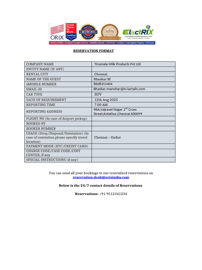 Orix Reservation Format - Gudur Plant Visit | PDF