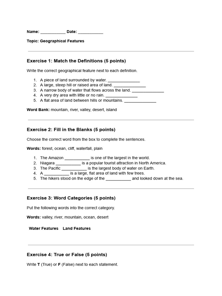 Geographical Features Exercise Guide | PDF | Geomorphology | Landscape