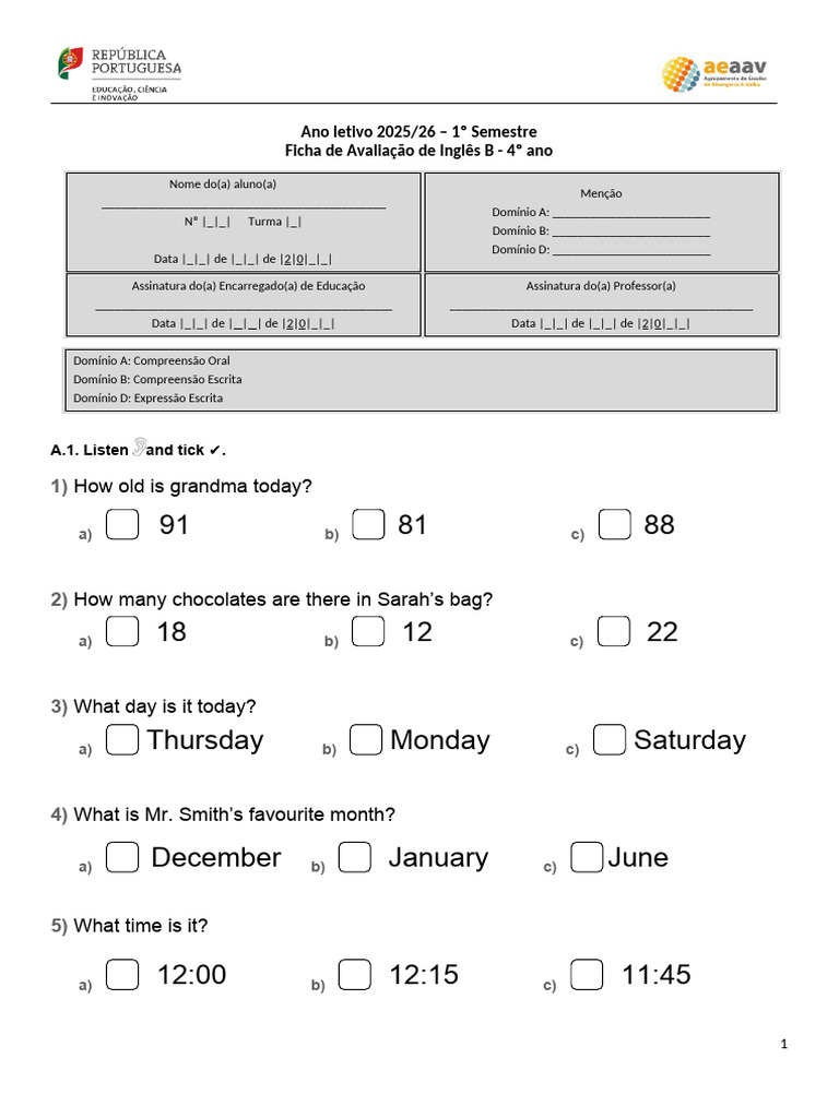 English Assessment for 4th Grade Students | PDF