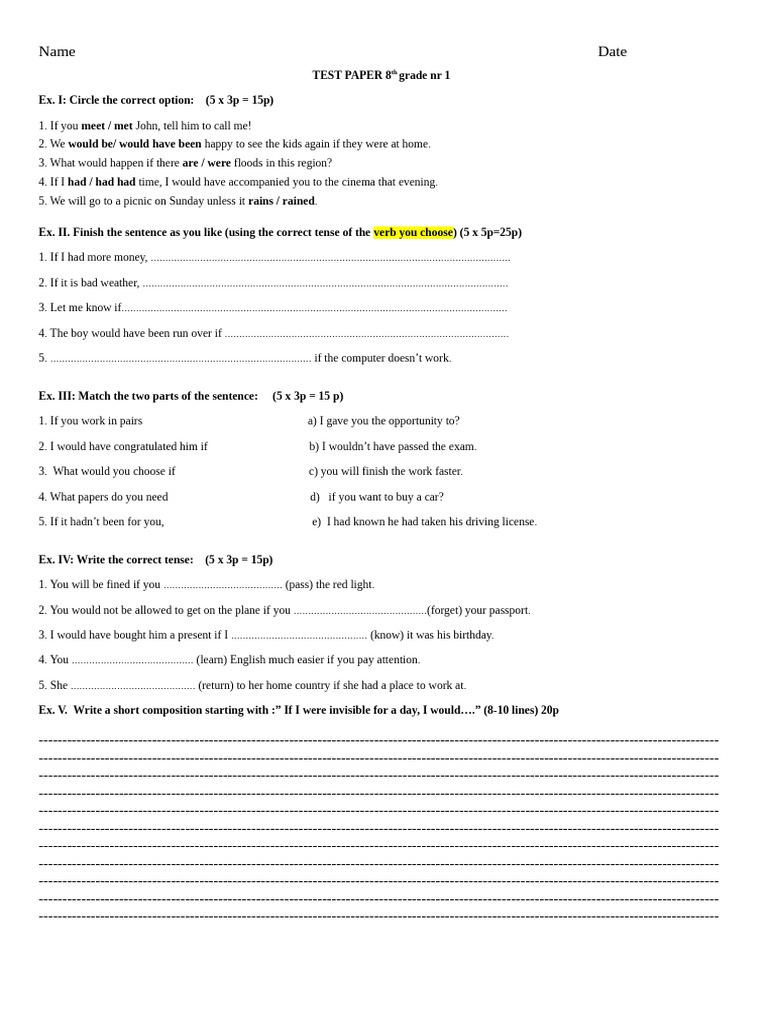8th Grade English Test Paper Series | PDF