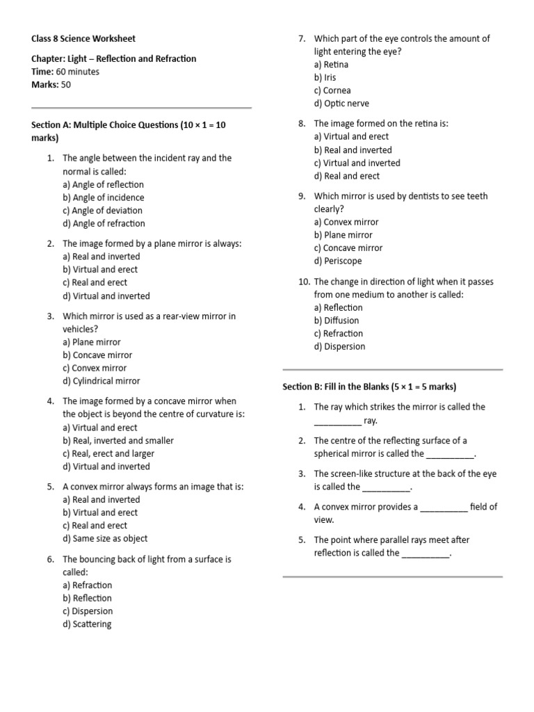 Class 8 Science: Light Reflection Worksheet | PDF | Mirror | Reflection ...