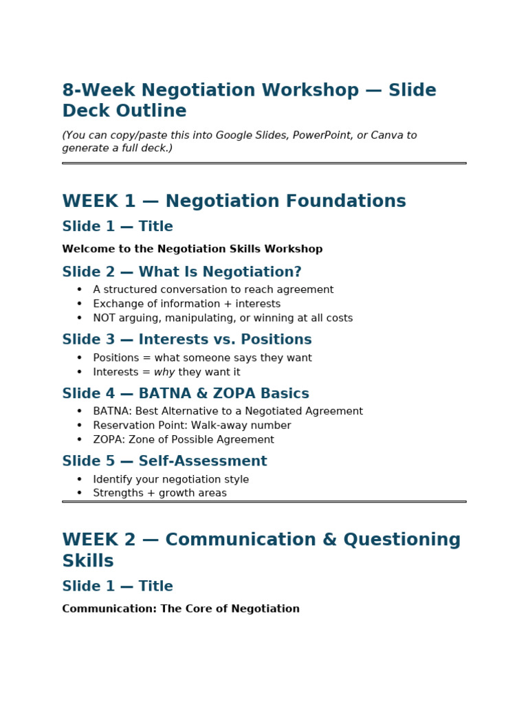 Negotiation Workshop Slides | PDF | Negotiation | Cognition