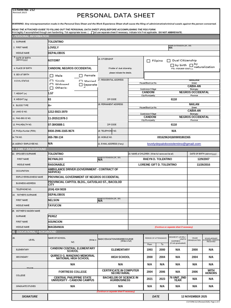 Personal Data Sheet Template 2025 | PDF