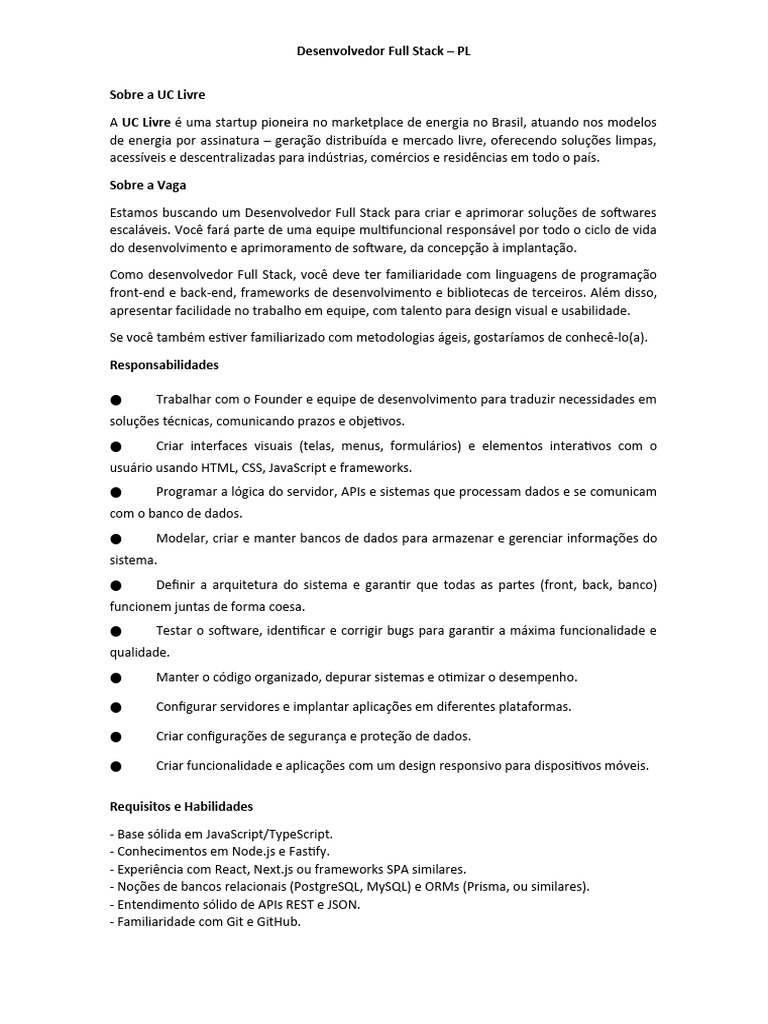 Vaga Desenvolvedor Full Stack - UC Livre | PDF | Bancos de dados ...
