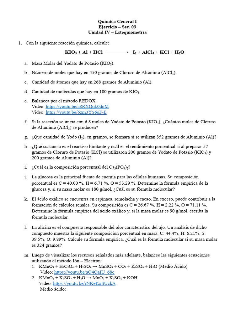 Ejercicios de Estequiometría en Química | PDF | Estequiometría | Mole ...