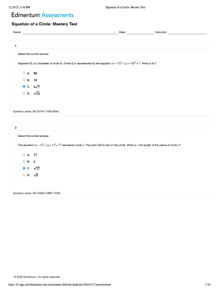 Circle Equation Mastery Test | PDF | Circle | Euclid