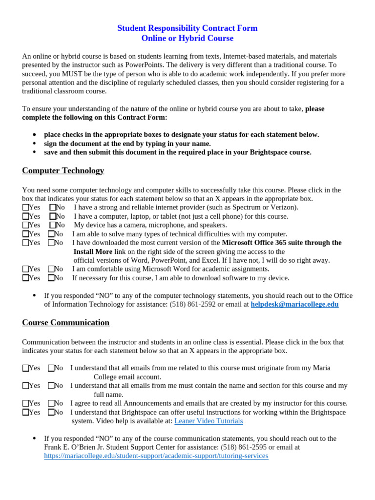 Student Responsibility Contract for Online Courses | PDF | Microsoft ...