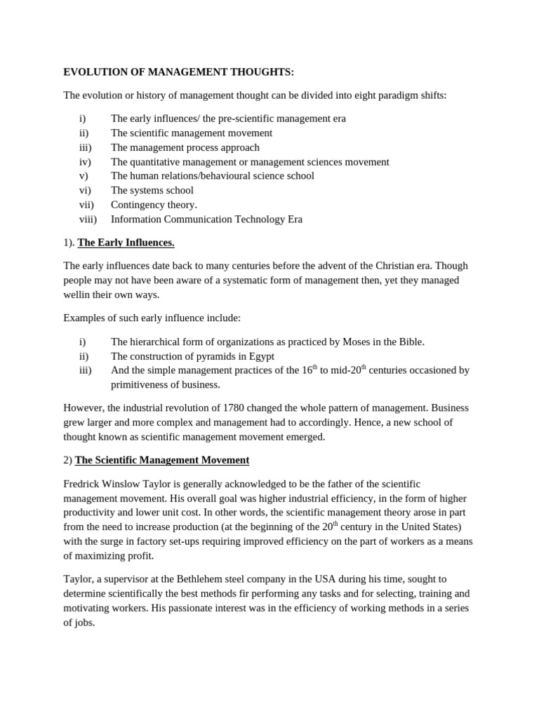 EVOLUTION OF MANAGEMENT THOUGHTS | PDF | Employment | Science