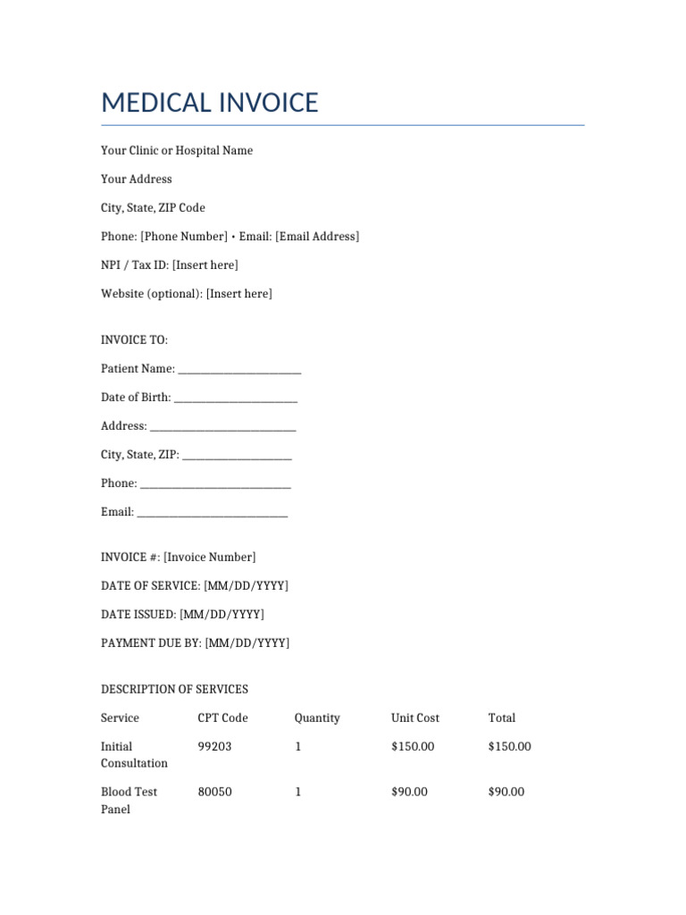 Medical Invoice Template for Clinics | PDF