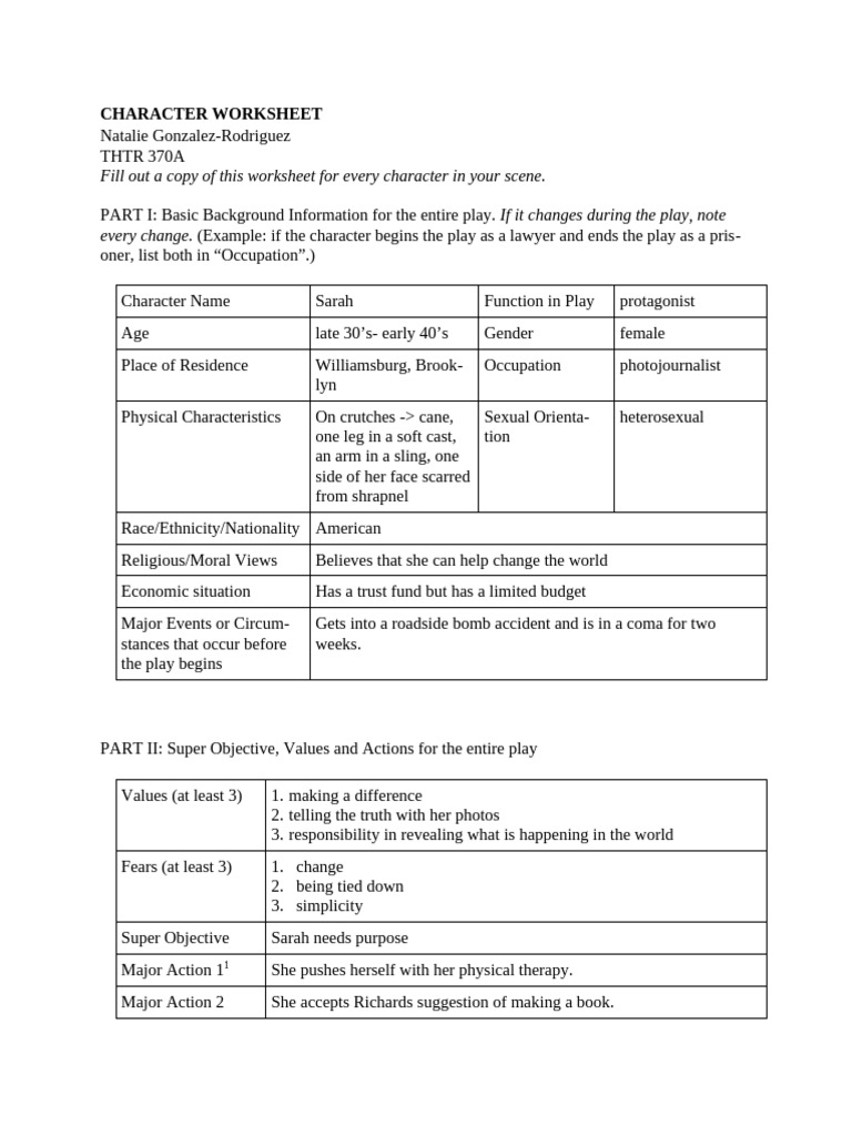 Character Development Worksheet for Play | PDF | Verb | Word