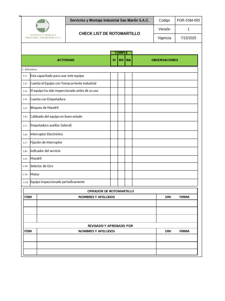 For-SSM-005 Check List Rotomartillo | PDF