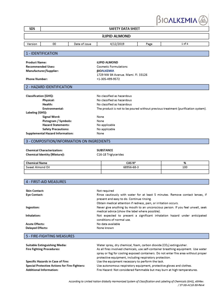 iLIPID Almond Safety Data Sheet | PDF | Occupational Safety And Health ...