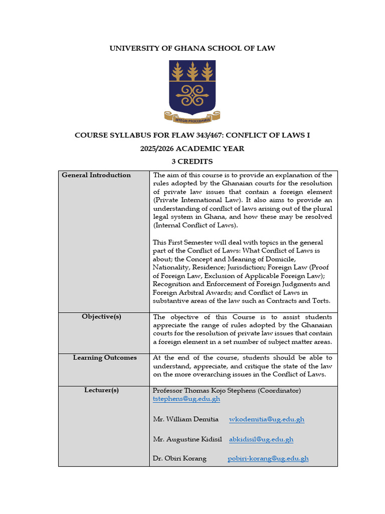 Conflict of Laws I Syllabus - UG Law 2025 | PDF | International ...