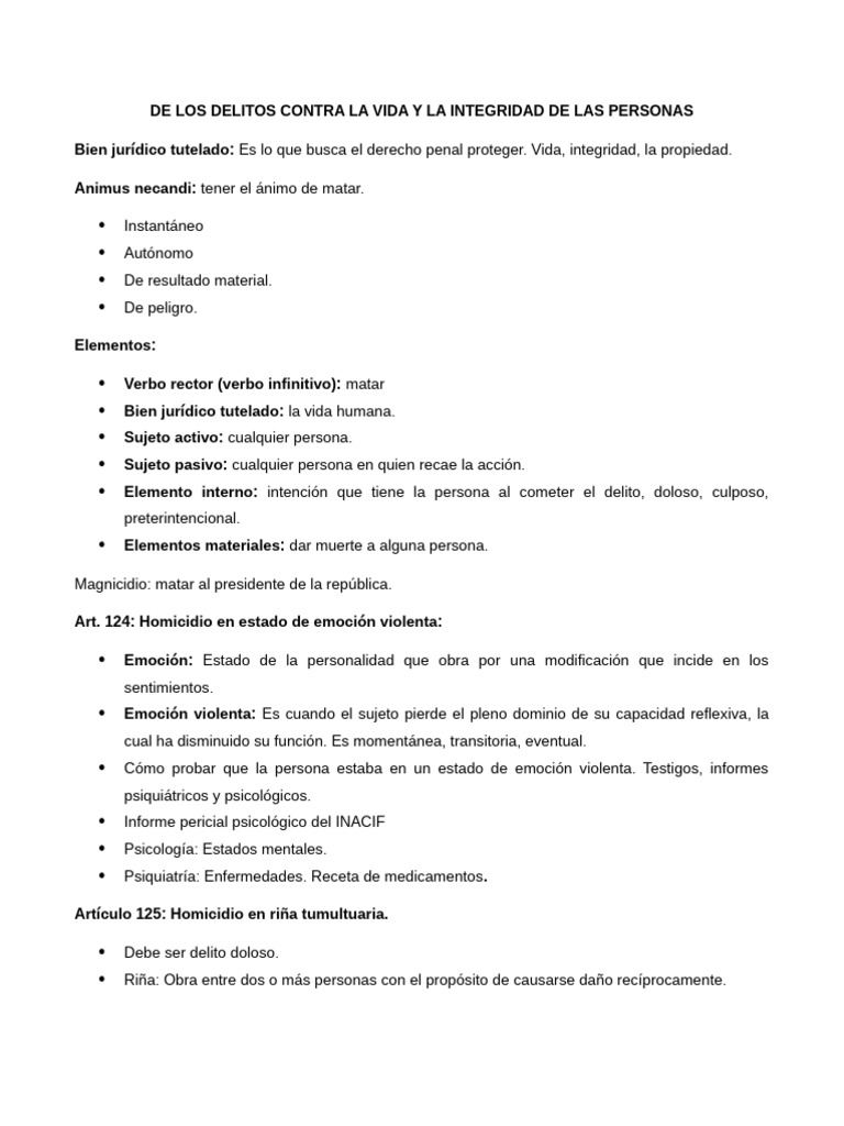 Delitos contra la Vida y la Integridad | PDF | Homicidio | Homicidio ...