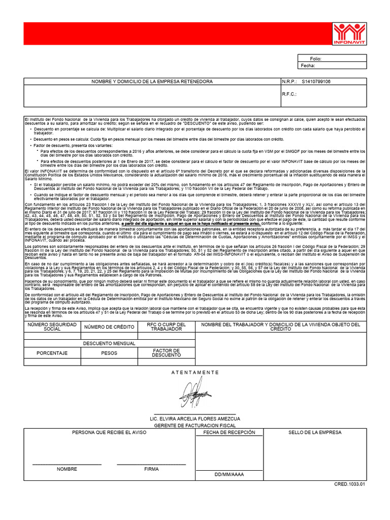 Aviso de Retención de Descuentos INFONAVIT | PDF | Salario mínimo | Crédito