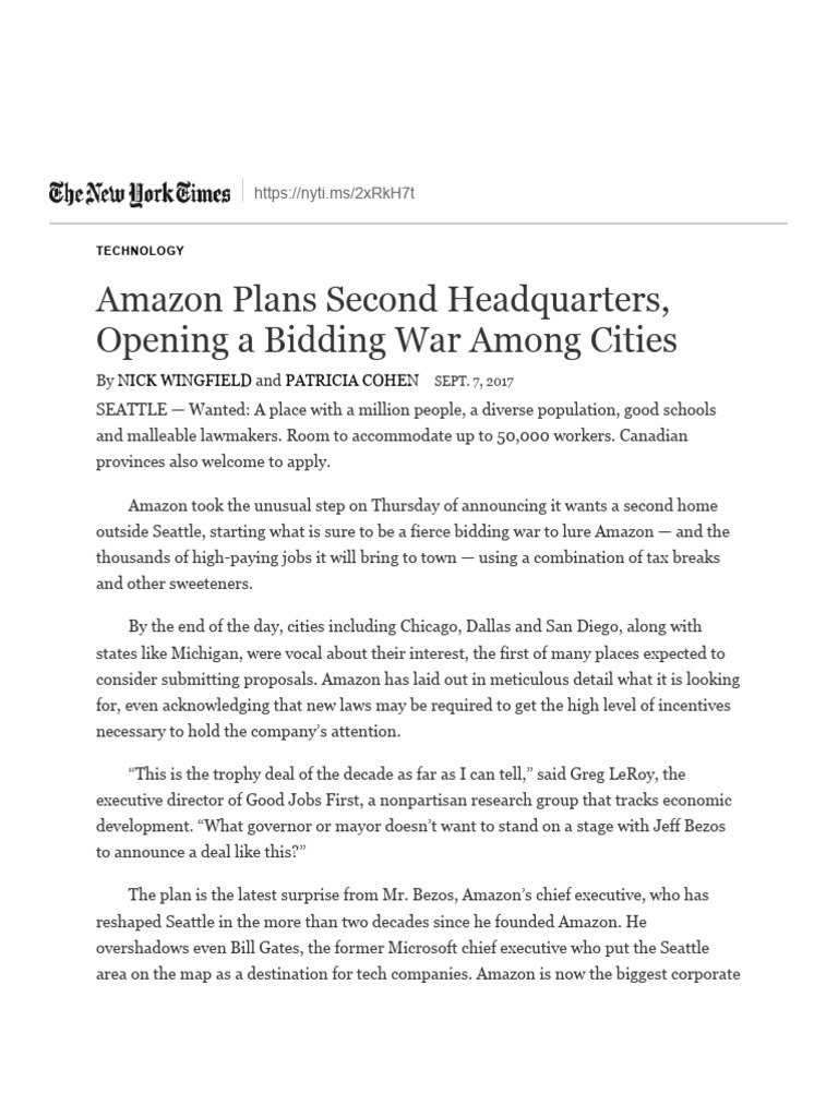 Amazon Plans Second Headquarters, Opening A Bidding War Among Cities ...