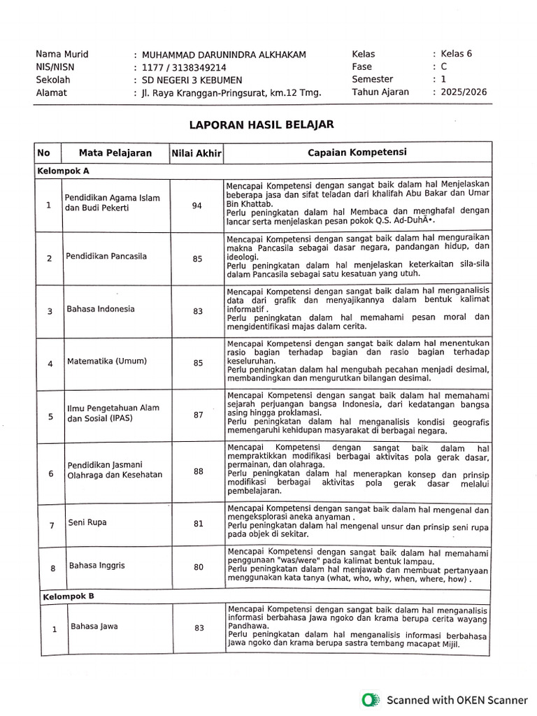 Scan Rapor - Muhammad Darunindra a. | PDF