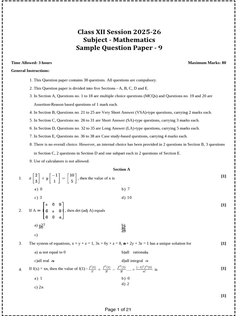 Class XII Mathematics Sample Paper | PDF | Functions And Mappings ...