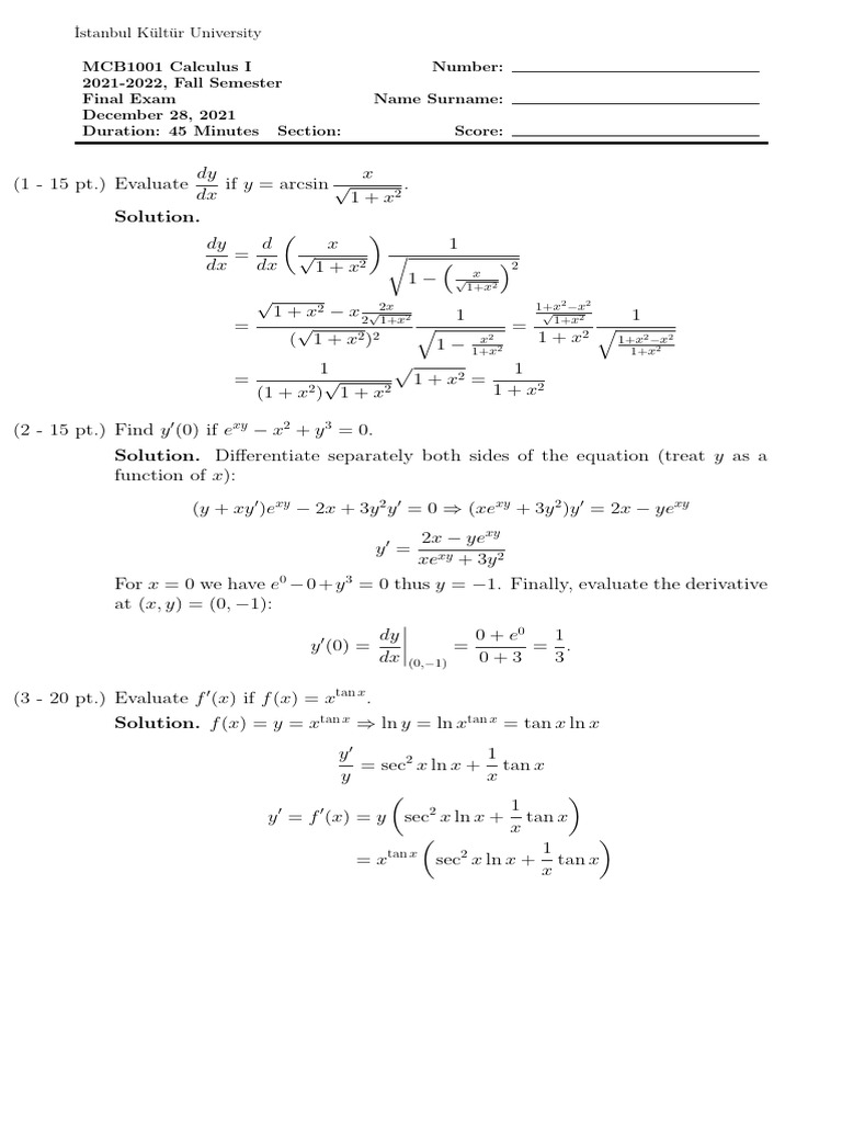 Calculus I Final Exam Solutions | PDF | Functions And Mappings ...