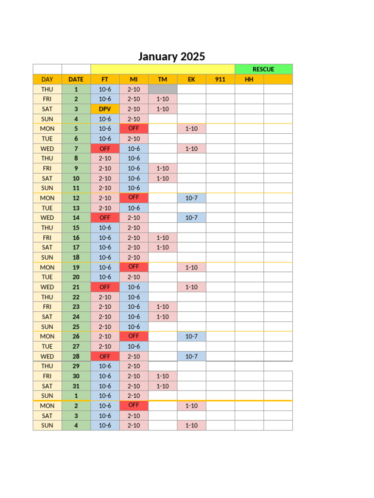January 2025 Rescue Schedule | PDF