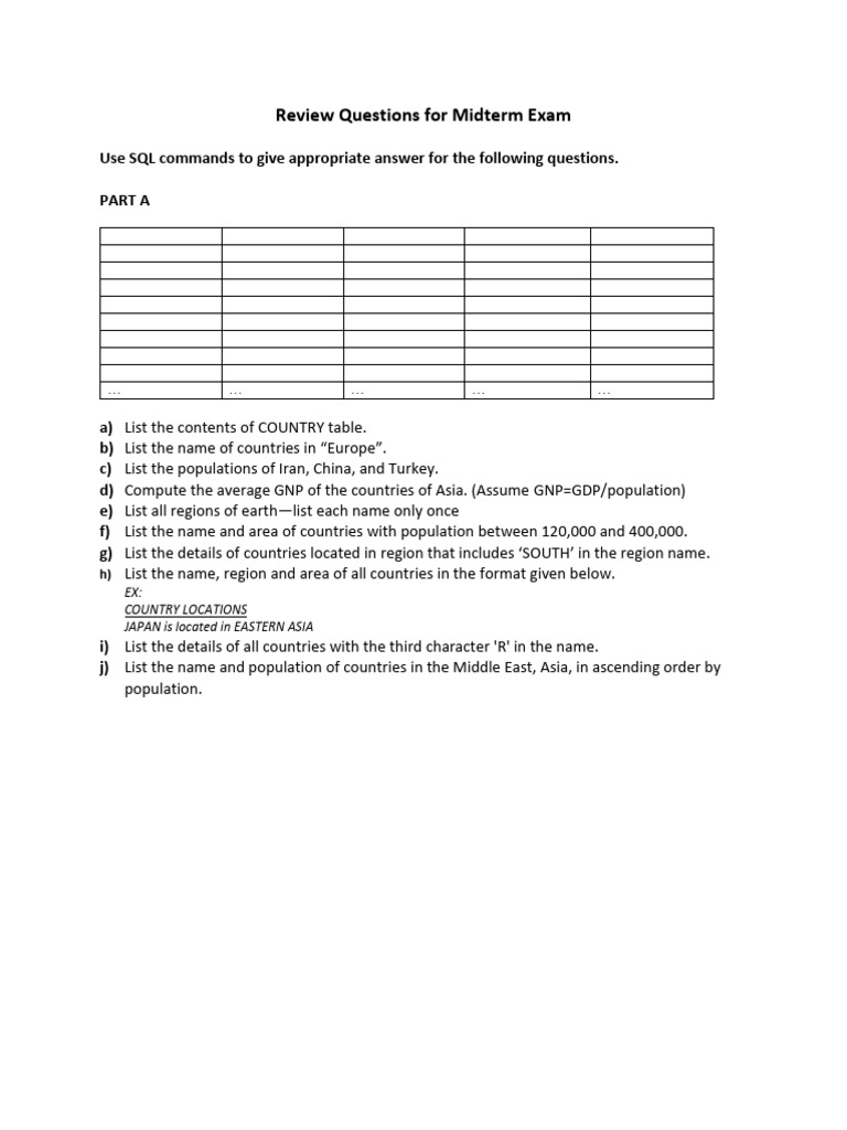 SQL Midterm Exam Review Questions | PDF | Asia