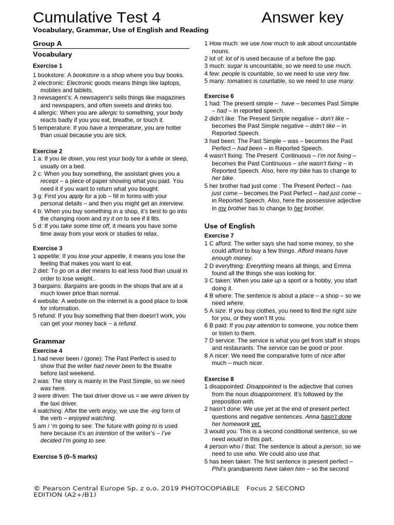 Focus 2 2ed Cumulative Test 1 Units1-8 ANSWERS | PDF | Verb | Noun