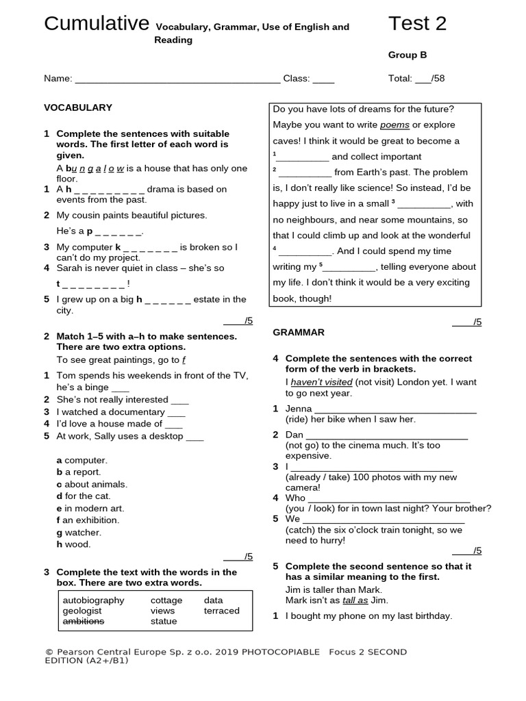 Vocabulary and Grammar Test 2 Guide | PDF