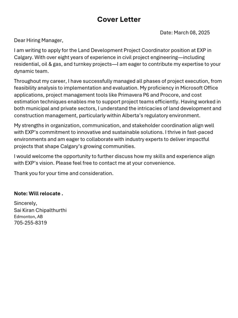 Cover Letter - Exp | PDF
