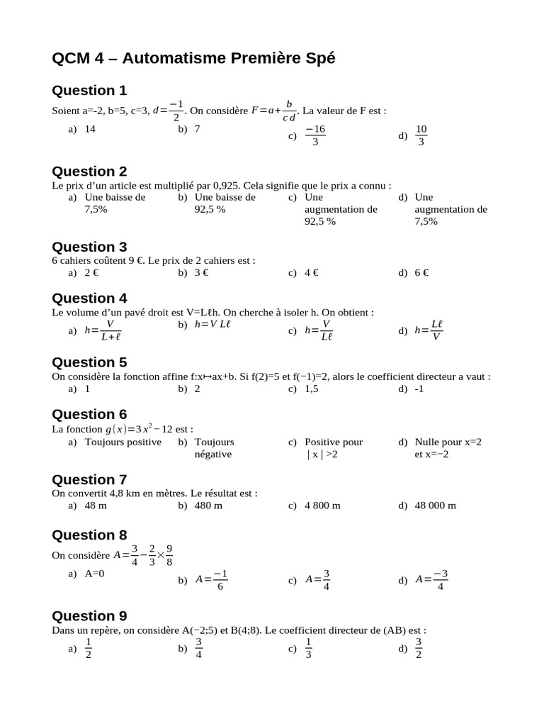 QCM Automatisme Première Spé | PDF