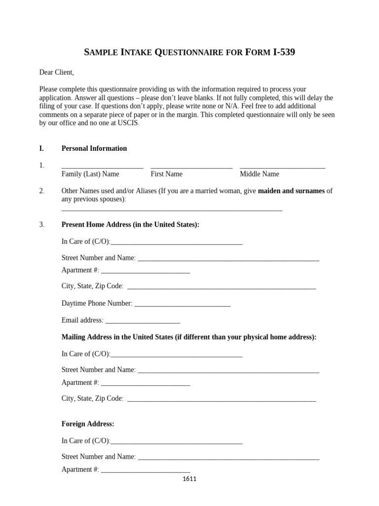 I-539 Intake Questionnaire | PDF | Travel Visa | Prison
