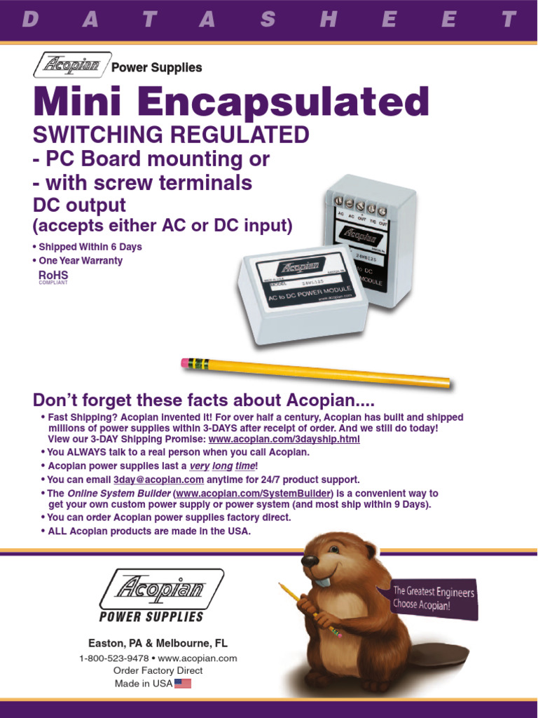 Acopian Mini Encapsulated Switching AC DC DC DC Screw Terminal Power ...
