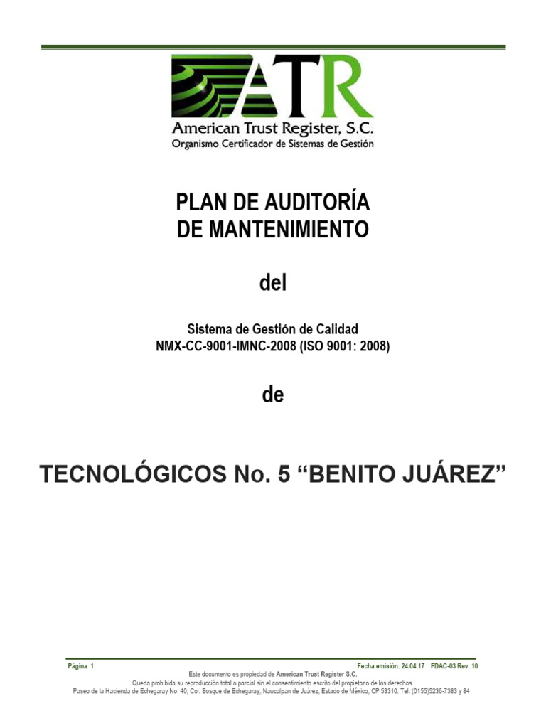 Plan de Auditoría ISO 9001:2008 | PDF | Auditoría | Sistema de manejo ...