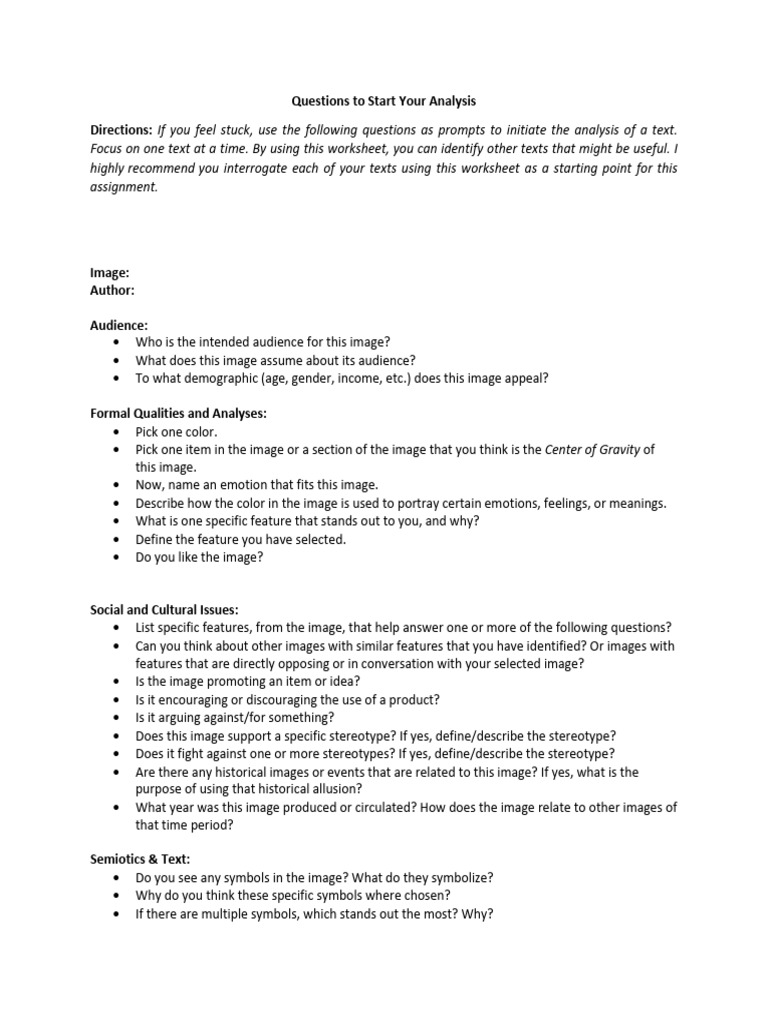 Image Analysis Worksheet Prompts | PDF | Symbols | Stereotypes