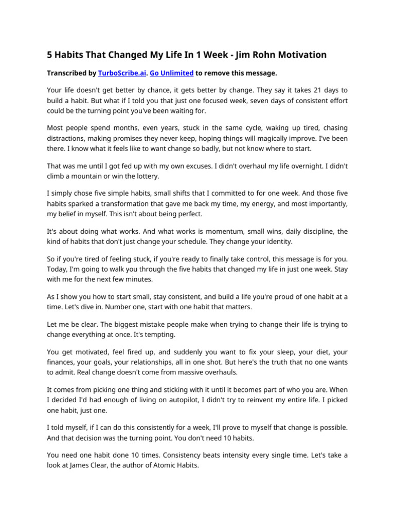 5 Habits That Changed My Life in 1 Week Jim Rohn Motivation PDF