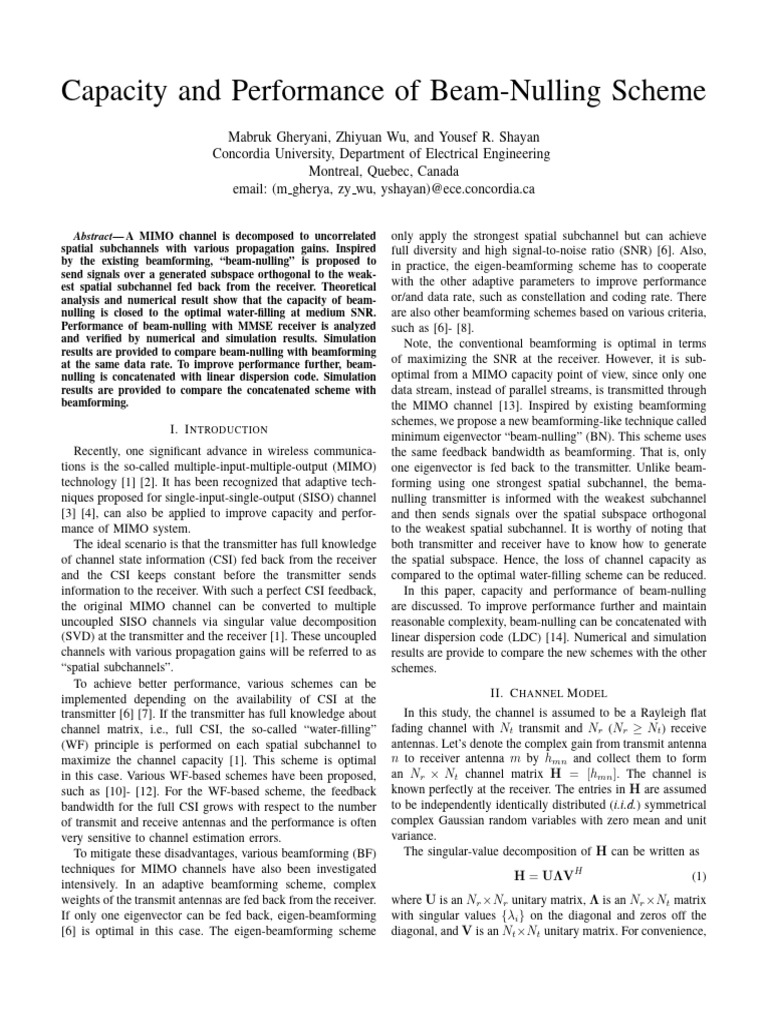Beam-Nulling Scheme for MIMO Capacity | PDF | Mimo | Applied Mathematics