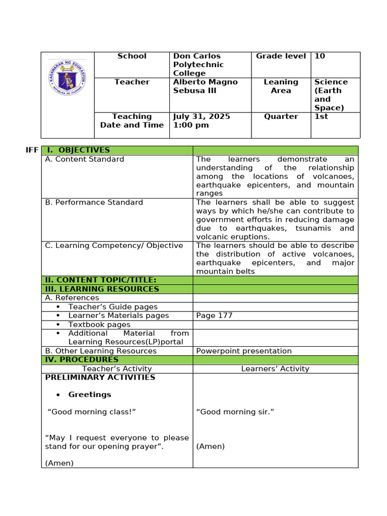 Grade 10 Science Lesson Plan: Earth & Space | PDF | Volcano | Plate ...