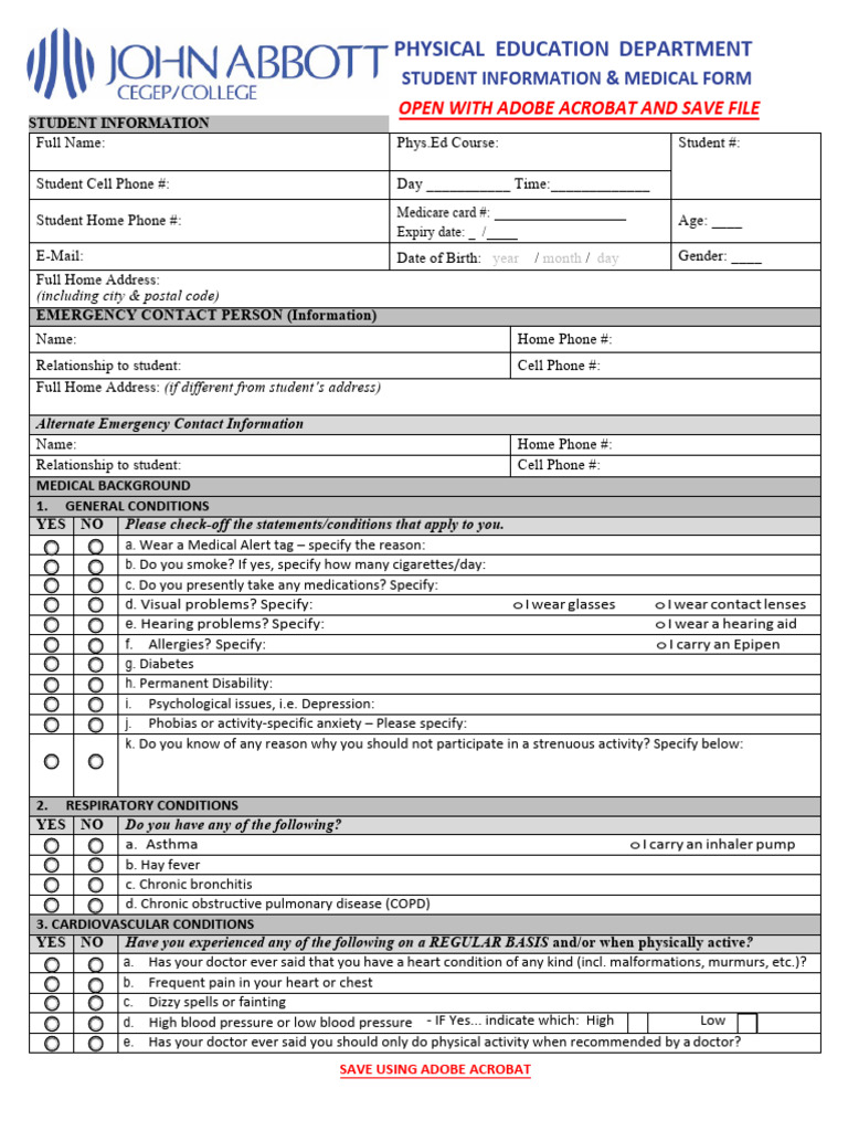 Student Medical & Info Form for PE | PDF | Concussion | Chronic Condition