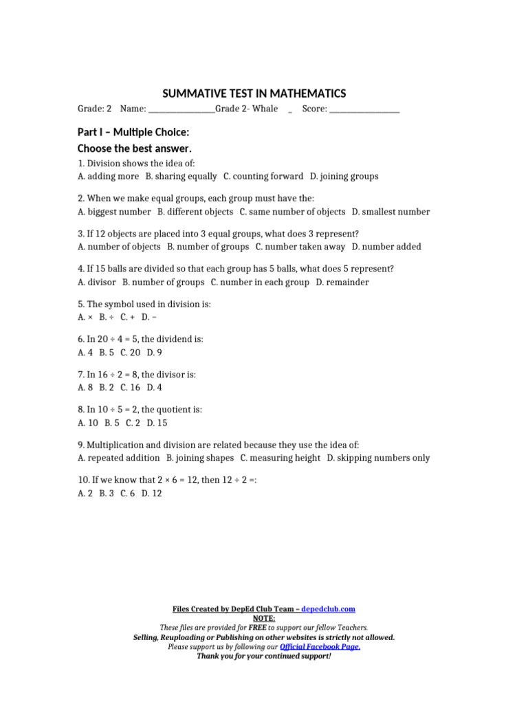 Grade 2 Math Summative Test | PDF | Division (Mathematics) | Elementary ...