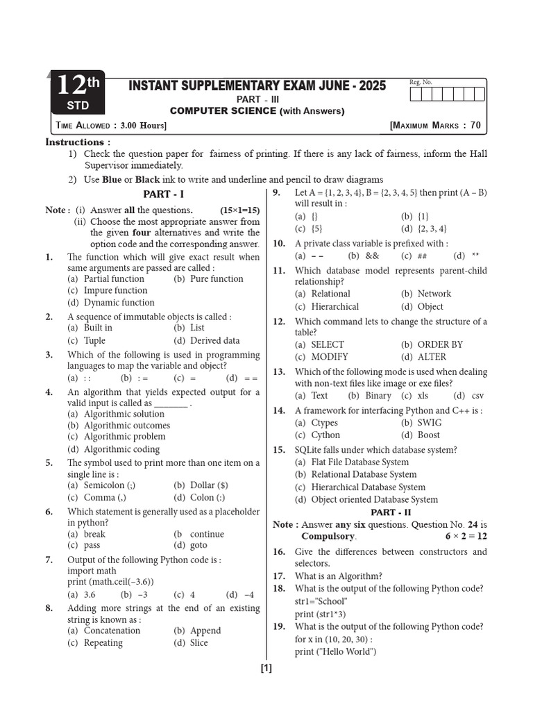 12th Std Computer Science Exam Paper | PDF | Parameter (Computer ...
