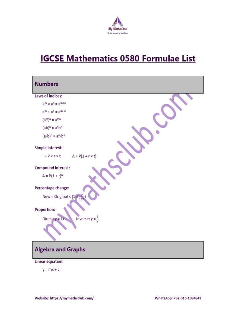 IGCSE Mathematics 0580 Formulae Guide | PDF | Area | Elementary Geometry