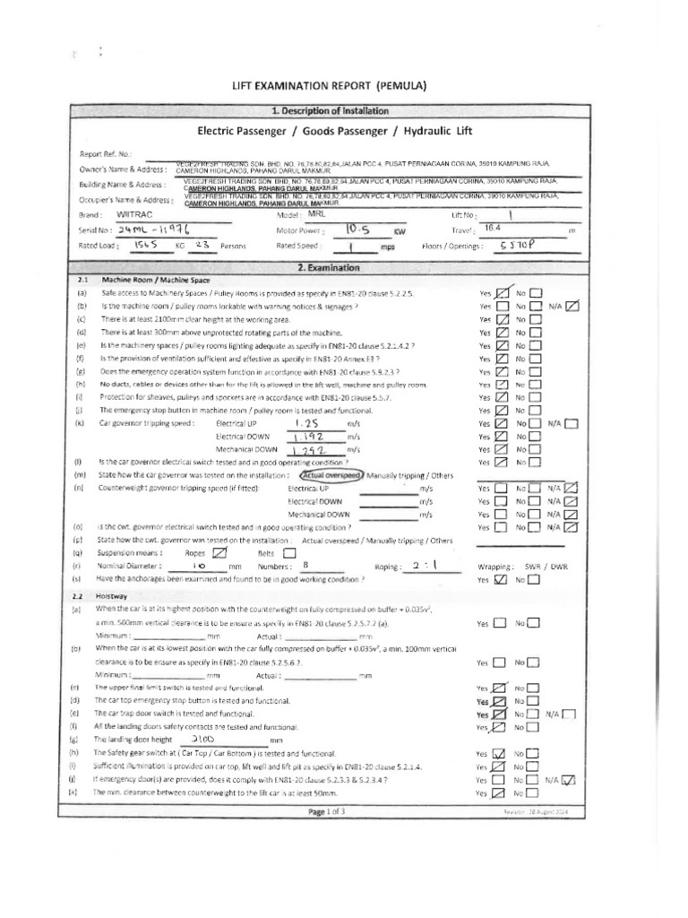 Lift Examination Report | PDF