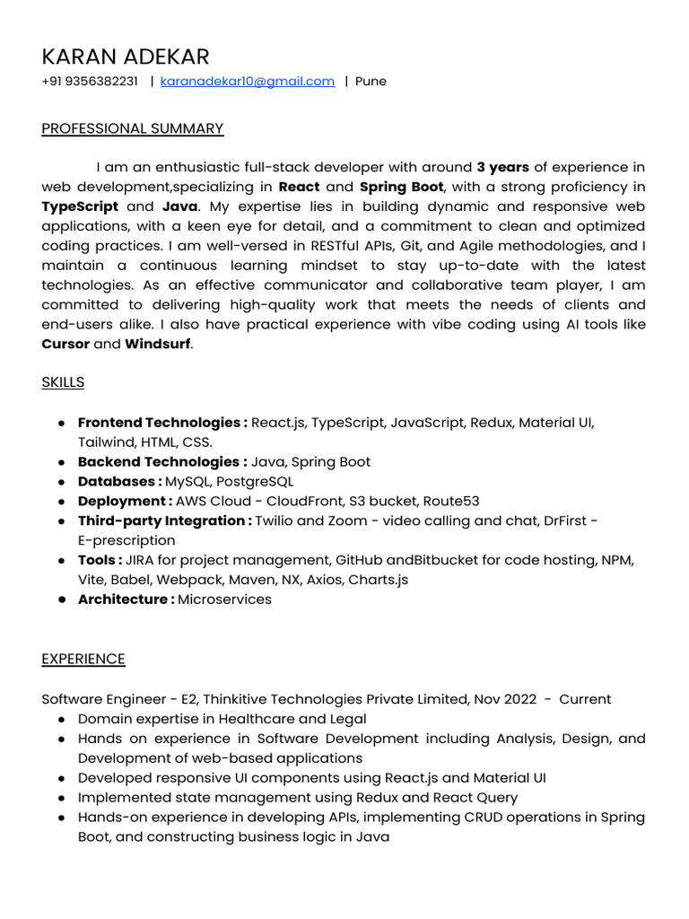 Full-Stack Developer Resume: Karan Adekar | PDF | Web Development ...