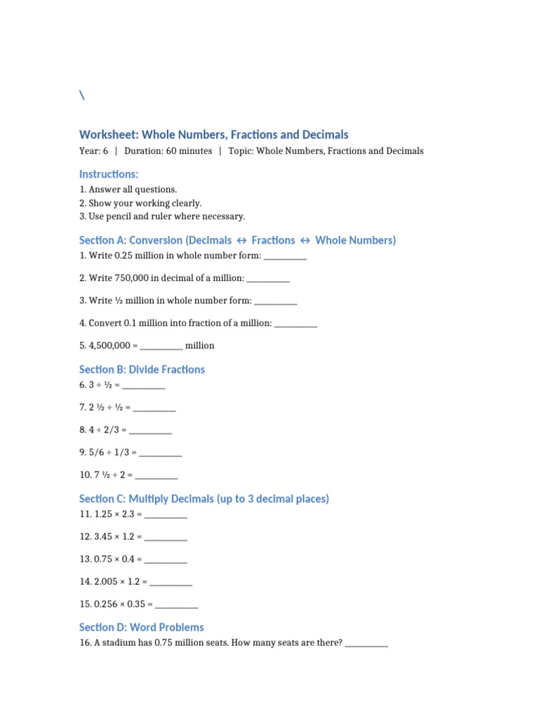 Whole Numbers, Fractions, Decimals Worksheet | PDF | Number Theory ...