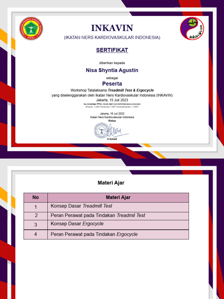 Sertifikat Workshop Treadmill & Ergocycle | PDF