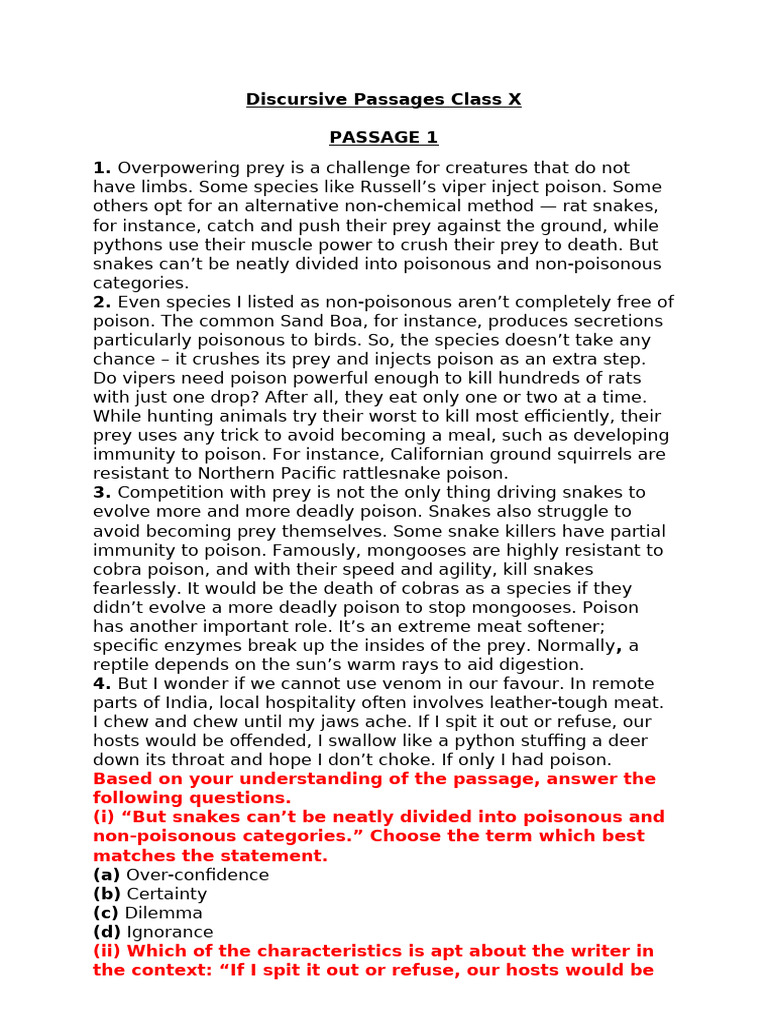 Discursive Passages for Class X Students | PDF | Snake | Predation