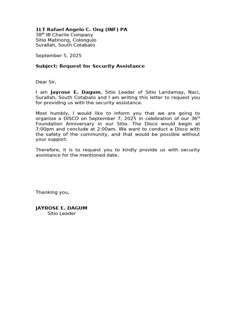 Request for Security Assistance for Disco | PDF