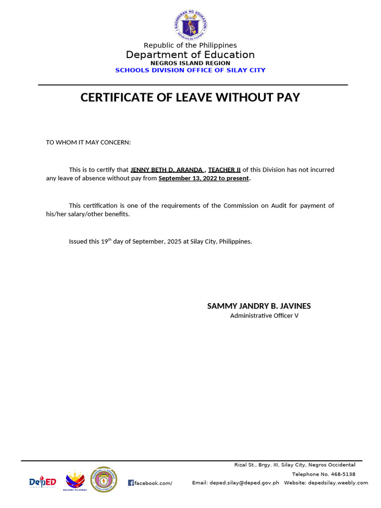 Cert of Assumption and Cert of Leave w Out Pay | PDF
