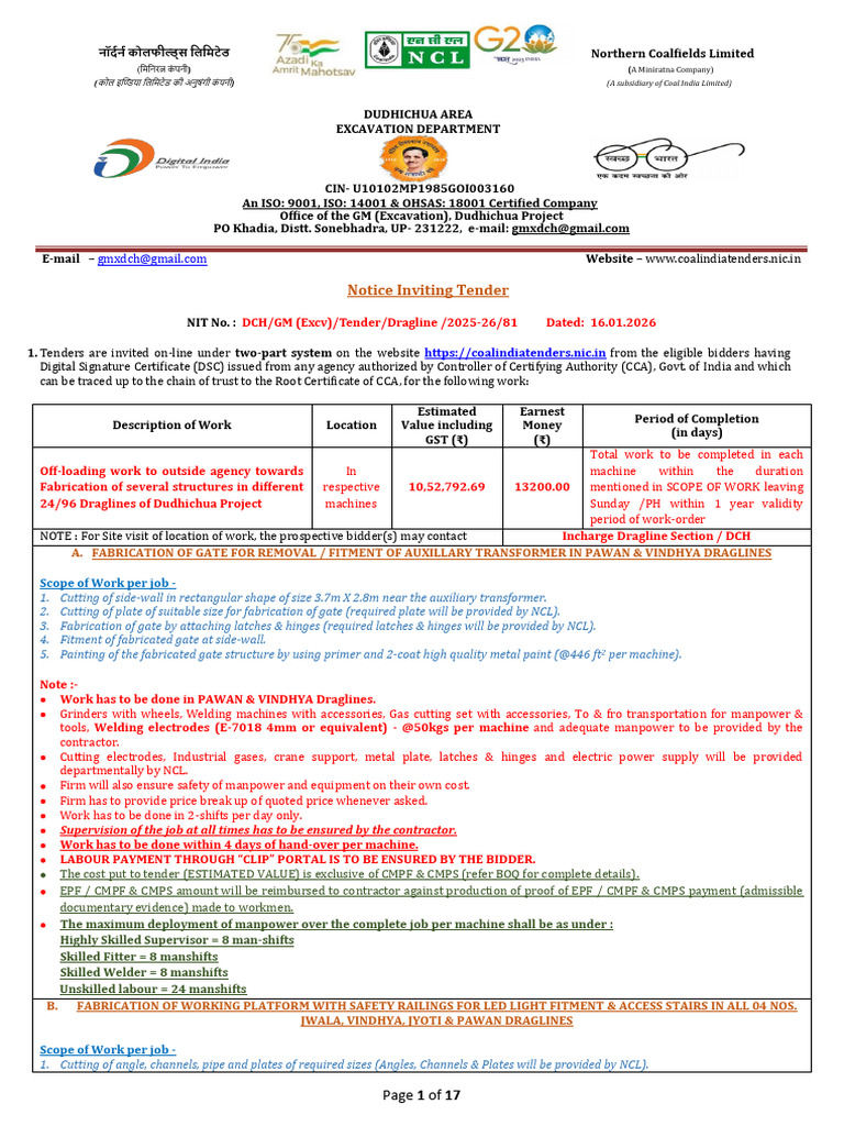 NCL Dudhichua Project Tender Notice | PDF | Business