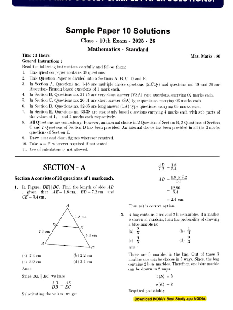 Maths, Sample Paper - 10 | PDF