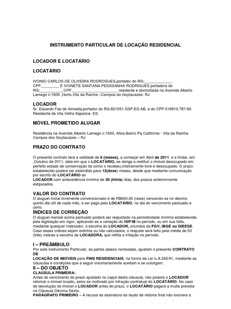 Contrato De Aluguel Residencial Simples Modelo Vários Modelos